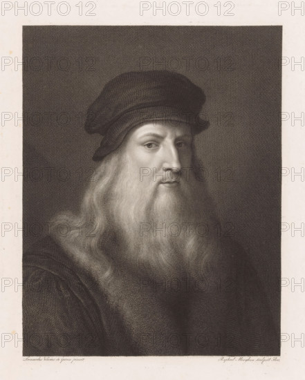 Portrait of artist Leonardo da Vinci, print, printmaker: Raphael Morghen, Florence, after painting by Leonardo da Vinci, Italy, 1768 - 1833, Tuscany, paper, engraving, height 305 mm x width 220 mm, Person, historical persons, portrait, self-portrait of artist, A monochrome engraved portrait of an older man shown from the shoulders up, wearing a soft rounded hat and a long flowing beard and mustache, his face turned slightly to one side with a calm expression, detailed fine lines creating texture in the hair, skin, hat, and clothing, set against a dark crosshatched background with a light border around the image.
