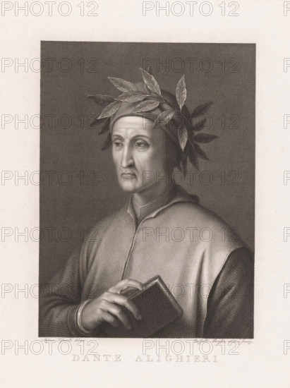 Portrait of poet Dante Alighieri, print, printmaker: Raphael Morghen, Florence, after drawing by Stefano Tofanelli, Italy, 1768 - 1833, Tuscany, paper, engraving, etching, engraving and etching, height 326 mm x width 234 mm, Person, Dante Alighieri, historical persons, portrait of a writer, writer, poet, author, A monochrome engraved portrait of a man shown from the chest up wearing a robe and a laurel wreath on his head, his gaze directed slightly to the side, with detailed shading on his face, hair, and clothing; one hand holds a closed book near his chest, and the background is a finely textured dark field framed within a lighter border.