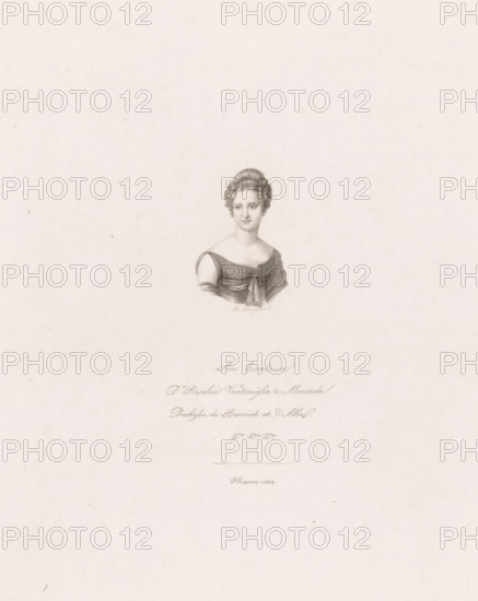 Portrait of Rosalia Vintimiglia, Duchess of Berwick and Alba, print, printmaker: Raphael Morghen, Florence, 1822, Tuscany, paper, engraving, etching, engraving and etching, height 262 mm x width 184 mm, Person, Rosalia Vintimiglia, historical persons, ruler, sovereign - BB - female ruler, A centered engraved portrait of a woman from the chest up on a light, slightly textured background, showing her face with a calm expression and hair styled in an updo with curled sides, wearing a low-cut dress with draped fabric over her shoulders and a shawl-like wrap across her chest; faint decorative marks and small spots appear on the surrounding paper.