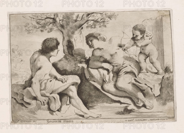 Venus and Adonis with Cupid, print, Venus and Adonis partially undressed in a landscape. Next to Venus stands Cupid with a drawn bow., number: 'No. 57', printmaker: Giovanni Battista Pasqualini, Italy, after design by Guercino, grantor of privilege: Paul V (possibly), Vatican City, 1620, paper, engraving, intaglio printmaking technique, engraving with plate tone, height 173 mm x width 254 mm, Print pasted onto a sheet and provided with an imitation plate edge., (story of) Cupid, Amor (Eros), Venus and Adonis as lovers, A detailed monochrome engraving shows three nude figures arranged near a large, textured tree trunk with branches and foliage extending above them. Two adult figures recline on draped fabric at the tree’s base, one facing left with curly hair and a turned profile, the other leaning toward the first with a bowed head and relaxed arm. A smaller childlike figure stands to the right, holding a drawn bow aimed toward the reclining figures. The scene includes folds of cloth, s...