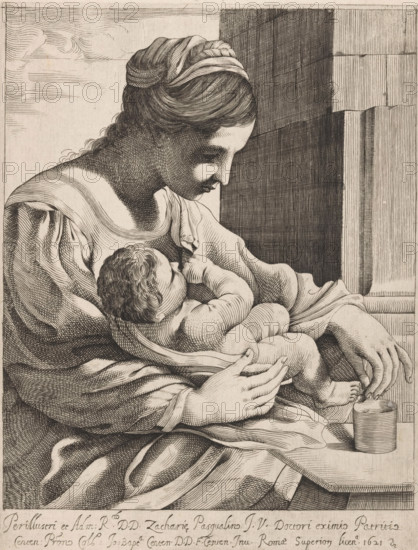 Madonna della pappa, Mary with Child, print, Mary with the Christ Child in her arms. She feeds him with her hands from a small pot standing on the table to the right. Dedication in the bottom margin., printmaker: Giovanni Battista Pasqualini, Rome, after painting by Guercino, grantor of privilege: Papal Court, Vatican City, dedicated by: attributed to workshop of Giovanni Battista Pasqualini, dedicated to: Zacharia Pasqualini, 1621, provider of privilege, Attributed to, paper, engraving, intaglio printmaking technique, engraving with plate tone, height 294 mm x width 224 mm, Print after a painting ('Madonna della pappa') by Guercino., Madonna: Mary sitting or enthroned, the Christ-child in her lap (or in front of her bosom) (Mary sometimes represented half-length), feeding a baby, A detailed black and white engraving of a woman shown in profile holding an infant against her chest, the woman's hair is swept back and covered with a cloth, her face turned downward toward the child, and he...