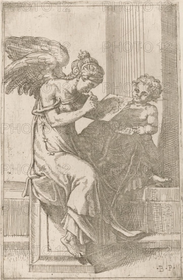Painting (Pictura), print, Painting (Pictura) as a winged woman. She is painting a panel, while a child holds the painter's palette beside her., printmaker: Bartolomeo Passarotti, Italy, after drawing by Pirro Ligorio (attributed to), 1539 - 1592, Bartolomeo Passarotti, Pirro Ligorio, printmaker, after drawing by, Attributed to, paper, etching, intaglio printmaking technique, etching with plate tone, height 279 mm x width 183 mm, Print in mirror image after a drawing attributed to Pirro Ligorio., 'Pictura', symbolic representations, allegories and emblems, painting, 'Pittura' (Ripa), A finely detailed line drawing shows a winged figure seated and leaning toward a child while holding a rectangular object that the child touches; the winged figure has curled hair tied back and flowing drapery with visible folds, and the large feathered wings extend behind; the child sits upright with curly hair, bare shoulders, and a draped lower garment, holding a small flat object; both figures rest on ...