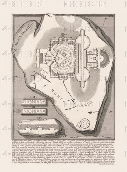 Nymphaeum of Nero in Rome, Le Antichità Romane, Archaeological finds in and around Rome, print, Plan of the Nymphaeum of Nero in Rome. Below the Hill of Caelian, upper left the Palatine Hill. Lower left three details. Numbered upper left: Tom. I. Numbered upper right: XLI. Fourteen lines of Latin text in lower margin., printmaker: Giovanni Battista Piranesi, Rome, c. 1756 - c. 1757, paper, etching, height 352 mm x width 243 mm, This print is part of the series 'Le Antichità Romane'. Piranesi conducted preliminary studies for more than eight years for this series of 250 plates, which was published in four volumes. He produced the prints between ca. 1756 and 1757. The series also includes prints by or after other printmakers, including Francesco Bianchini and Girolamo Rossi., ruin of a building, architecture, plan, Coelius, Nymphaeum of Nero, An overhead architectural plan rendered in fine black lines on a light background shows a roughly irregular island shape with rocky edges and shade...