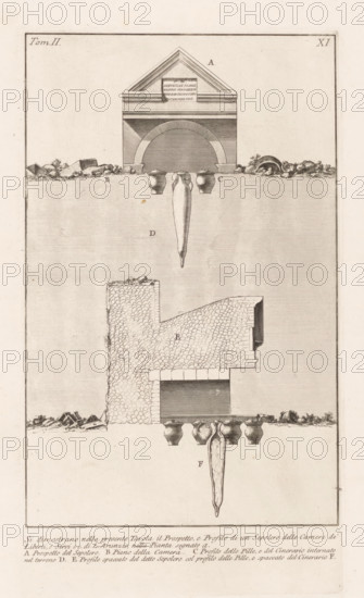 Tomb in the burial chambers of L. Arruntius, Le Antichità Romane, Archaeological finds in and around Rome, print, View of and cross-section of a tomb in the burial chambers of L. Arruntius. Numbered top left: Tom. II. Numbered top right: XI. Below a text and explanatory list of letters, printed from another plate., printmaker: Giovanni Battista Piranesi, Rome, c. 1756 - c. 1757, paper, etching, printed from two plates, height 325 mm x width 207 mm x height 41 mm x width 210 mm, These prints are part of the series 'Le Antichità Romane'. Piranesi conducted preliminary studies for more than eight years for this series of 250 plates, which was published in four volumes. He produced the prints between ca. 1756 and 1757. The series also includes prints by or after other printmakers, including Francesco Bianchini and Girolamo Rossi., ruin of a building, architecture, grave, tomb, Italy, A vertical engraving shows architectural and archaeological elements in a pale, sepia tone. At the top is a...