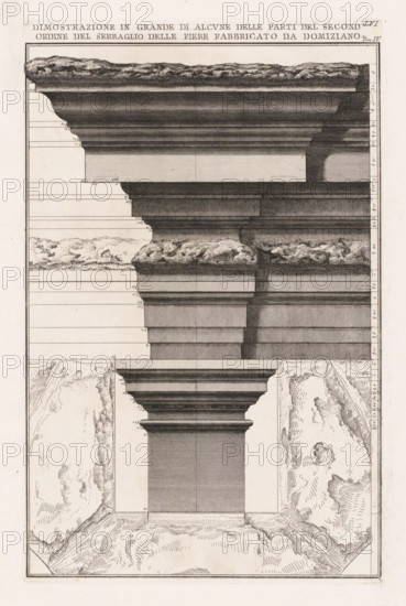 Large demonstration of parts of the second order of the serraglio of the fies fabricated by Domiziano, Remnants of the Curia Hostilia in Rome, Roman Antiquities, Archaeological finds in and around Rome, print, Remnants of the Curia Hostilia in Rome (identified on print as the menagerie of Emperor Domitian): cornice and part of a column. Title above. Numbered top right: LVI, Tom. IV., printmaker: Giovanni Battista Piranesi, Rome, c. 1756 - c. 1757, paper, etching, height 411 mm x width 263 mm, This print is part of the series 'Le Antichità Romane'. Piranesi conducted preliminary studies for more than eight years for this series of 250 plates, which was published in four volumes. He produced the prints between ca. 1756 and 1757. The series also includes prints by or after other printmakers, including Francesco Bianchini and Girolamo Rossi., ruin of a building, architecture, column, pillar, Curia Hostilia, An engraved architectural drawing shows a vertical cross section of a classical col...