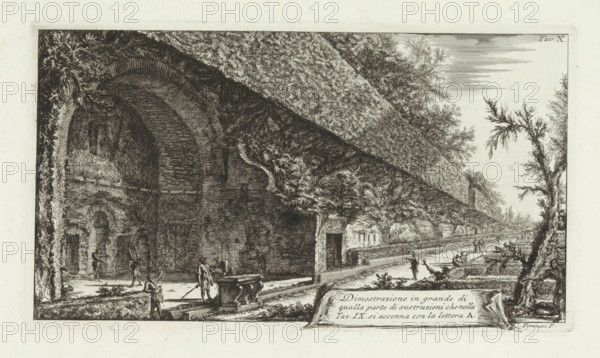 Large demonstration of that part of the structure, Landscape with structures in the Alban Hills, Di due spelonche ornate dagli antichi alla Riva del Lago Albano, Two decorated caves by Lake Albano, print, Landscape with structures along a road. According to the title, which refers to another print from the same series, these are the foundations of Clodio's Villa in the Alban Hills, later owned by the Barberini family. Title bottom right. Numbered top right: Tav. X., printmaker: Giovanni Battista Piranesi, Rome, after design by Giovanni Battista Piranesi, 1762, Giovanni Battista Piranesi, printmaker, paper, etching, ets, height 161 mm x width 287 mm, Deze prent maakt deel uit van de serie 'Di due spelonche ornate dagli antichi alla Riva del Lago Albano'. The series consists of a vignette and twelve prints, ruin of a building, architecture, city-view, and landscape with man-made constructions, Albanian Hills, A detailed black and white etching shows a large arched stone structure on the ...