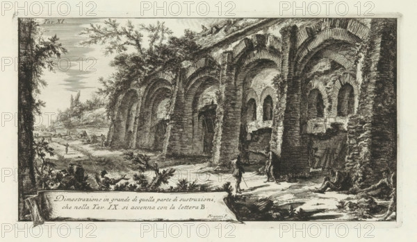 Structure with arches in the Alban Hills, Dimostrazione in grande di quella parte di sustruzion, Two decorated caves by Lake Albano, Di due spelonche ornate dagli antichi alla Riva del Lago Albano, print, A structure with five arches along a road. According to the title, which refers to another print from the same series, these are the foundations of Clodio's Villa in the Alban Hills, later owned by the Barberini family. Title bottom left. Numbered top left: Tav. XI., printmaker: Giovanni Battista Piranesi, Rome, after design by Giovanni Battista Piranesi, 1762, Giovanni Battista Piranesi, printmaker, paper, etching, ets, height 159 mm x width 285 mm, Deze prent maakt deel uit van de serie 'Di due spelonche ornate dagli antichi alla Riva del Lago Albano'. The series consists of a vignette and twelve prints, ruin of a building, architecture, city-view, and landscape with man-made constructions, Albanian Hills, An etching showing a long row of large stone arches forming a ruined structur...