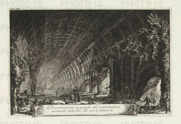 Detail of the cryptoporticus in the Villa of Clodio, Dimostrazione in grande del criptoportic, Di due spelonche ornate dagli antichi alla Riva del Lago Albano, Two decorated grottoes by Lake Albano, print, View into a cryptoporticus (covered gallery) with a coffered ceiling. According to the title, which refers to another print from the same series, it concerns the foundations of the Villa of Clodio in the Alban Hills, later owned by the Barberini family. Title bottom center. Numbered top left: Tav. XII., printmaker: Giovanni Battista Piranesi, Rome, 1762, paper, etching, height 190 mm x width 289 mm, This print is part of the series 'Di due spelonche ornate dagli antichi alla Riva del Lago Albano'. The series consists of a vignette and twelve prints., ruin of a building, architecture, gallery (spacious corridor), Alban Hills, A wide interior scene rendered in dark ink shows a vaulted arched ceiling with repetitive rectangular coffers receding into the distance, flanked by high walls w...