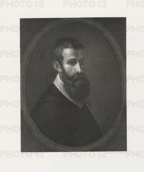 Portrait of painter Perino del Vaga, print, printmaker: Levi Pollacco, after painting by Perino del Vaga, Italy, printer (person): Achille Paris, Florence, c. 1850 - c. 1870, printer (person), Tuscany, paper, chine collé, engraving, engraving on chine collé, height 285 mm x width 195 mm, Person, historical persons, portrait, self-portrait of artist, A black and white engraved portrait of a man shown from the shoulders up in an oval frame, featuring short wavy hair, a full beard and mustache, visible ear, and a high collared shirt beneath a dark garment, with fine crosshatch shading creating tonal variation across the face, hair, clothing, and the textured background inside the oval.