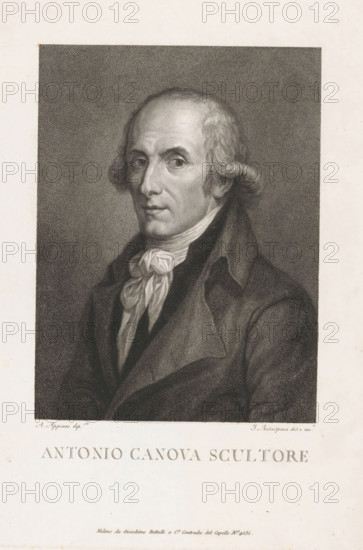 Portrait of sculptor Antonio Canova, print, printmaker: Francesco Rosaspina, Italy, after painting by Andrea Appiani, publisher: Bettalli & Co., Gioachino, Milan, 1772 - 1841, Lombardy, paper, engraving, gravure, height 324 mm x width 225 mm, Person, Antonio Canova, historical persons, portrait, self-portrait of artist, A monochrome engraved portrait of a man shown from the chest up against a dark textured background, with a high forehead and thinning hair styled with short curls at the sides, wearing a dark coat over a lighter waistcoat and a loosely tied neck scarf with visible folds, his face turned slightly to one side and showing a neutral expression with visible eyes, nose, mouth, and subtle wrinkles around the eyes and forehead, the image set within a wide light border.