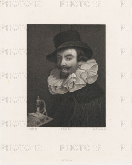 Portrait of painter Lionello Spada, print, collector's mark: 'Unclear.', printmaker: A. Rossena, Italy, after drawing by Emilio Lapi, after painting by Lionello Spada, 1800 - 1899, A. Rossena, Emilio Lapi, Lionello Spada, printmaker, after drawing by, after painting by, paper, chine collé, engraving, etching, engraving and etching on chine collé, height 235 mm x width 189 mm, After a painted self-portrait by Lionello Spada in the Vasari Corridor in Florence., Person, historical persons, portrait, self-portrait of artist, self-portrait of painter, A monochrome engraved portrait of a man shown from the chest up against a dark textured background, wearing a tall brimmed hat and a voluminous ruffled collar, with a mustache and pointed beard, one ear visible with a hoop earring, his gaze directed slightly to the side, a hand resting on a surface holding an object with a rounded top and curved handle, and the image is framed by a wide blank margin.