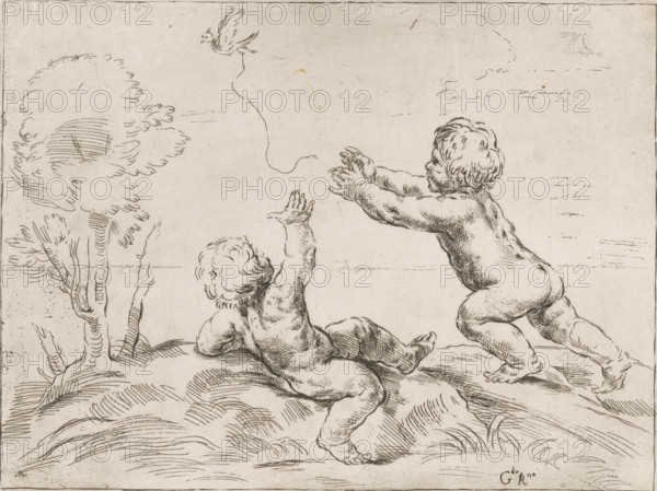 Two children playing with a bird, print, Two children in a landscape. A bird on a string, with which they were just playing, flies away from them., printmaker: Girolamo Rossi (I), Italy, after design by Guido Reni, 1632 - 1664, paper, etching, intaglio printmaking technique, etching with plate tone, height 197 mm x width 264 mm, birds, child playing with animals, toddler, A monochrome line drawing shows two naked young children on a gently sloping, textured ground. One child reclines on the ground, looking upward with an arm raised toward the sky, curly hair and a rounded back visible. The other child is kneeling and leaning forward with both arms outstretched and a turned face, showing curly hair and muscular contours. A small bird flies above them, connected to a trailing thin line. To the left, a stylized tree with a leafy canopy and visible trunk lines rises from the ground. The scene is rendered with fluid hatch marks and contour lines on a pale background.