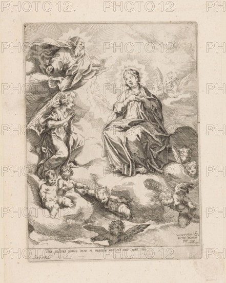 Tota pulcrias amica mea et macula non est inte cant iiii, Destination of the Virgin Mary, print, God the Father and angels appear to the Blessed Virgin Mary on clouds. Title in Latin in bottom margin., number: '3', Italy, after print by Ventura Salimbeni, publisher: unknown, Rome, in or after 1590, Ventura Salimbeni, printmaker, after print by, paper, etching, intaglio printmaking technique, etching with plate tone, width 204 mm x height 150 mm, cupids: 'amores', 'amoretti', 'putti', angels, the Virgin Mary, God the Father, A detailed line engraving shows a seated robed woman with a radiant halo around her head, hands crossed over her chest, surrounded by billowing clouds. To her left an older bearded figure leans forward from the clouds with flowing robes and an outstretched hand. Below and around them are multiple cherubic figures with small wings, some reclining on clouds and others floating, their bodies rendered with soft contours and delicate shading. To the left of the seated wo...