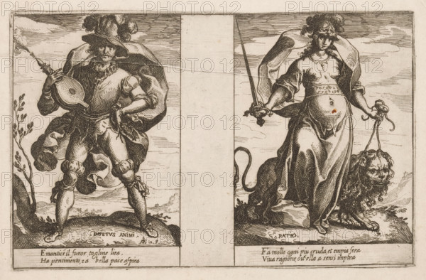 Impetuosity and Reason, Attributes of the Soul, print, Two representations of personifications. Left: Impetuosity (Impetus Animi) as a man with a feathered hat and a bellows. Right: Reason (Ratio) as a woman with a sword and a lion. Both representations with two lines of Italian verse in the lower margin., printmaker: Raffaello Schiaminossi, Italy, c. 1605, paper, etching, intaglio printmaking technique, etching with plate tone, height 155 mm x width 243 mm, This print is part of the series 'Attributi dell'Anima', consisting of twelve personifications printed from six plates., beasts of prey, predatory animals: lion, Rationality, Reasoning, 'Ratiocinatione o Discorso' (Ripa), bellows, A sepia-toned print divided into two vertical panels shows two standing figures on rocky ground with a plain sky background. On the left, a man wearing a wide-brimmed hat with plumes and a flowing cape holds a lute against his chest; he wears puffed sleeves, a doublet, hose with knee puffs, and boots with...