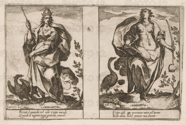 Intellect and Vigilance, Attributes of the Soul, print, Two representations of personifications. Left: Intellect (Intellectus) as a woman with a scepter and a burning crown. At her feet an eagle. Right: Vigilance (Vigilantia) as a woman with a book and an oil lamp. At her feet a crane, standing on one leg and holding a stone in its raised claw. Both representations with two lines of Italian verse in the lower margin., printmaker: Raffaello Schiaminossi, Italy, c. 1605, paper, etching, intaglio printmaking technique, etching with plate tone, height 155 mm x width 240 mm, This print is part of the series 'Attributi dell'Anima', consisting of twelve personifications printed from six plates., shore-birds and wading-birds: crane, predatory birds: eagle, oil-lamp, Alertness, Vigilance, 'Guardia', 'Vigilanza', 'Vigilanza per difendersi & oppugnare altri' (Ripa) (personification), 'Intellectus', 'Intelligentia', Understanding, one of the seven gifts of the Holy Ghost, Two adjacent rectangular ...