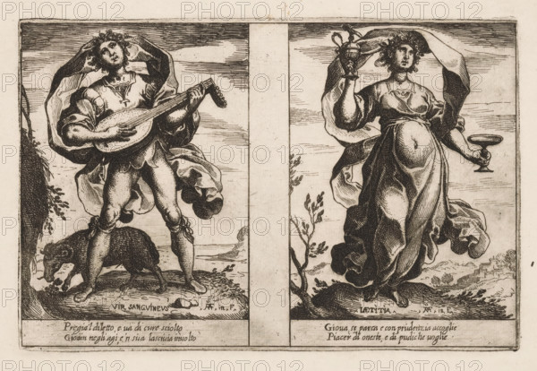 Sanguineous Man and Happiness, Attributes of the Soul, Attributi dell'Anima, print, Two representations of personifications. Left: the Sanguineous Man (Vir Sanguineus) as a young man with a lute. At his feet a ram, eating a plant. Right: Happiness (Laetitia) as a woman with a jug and drinking bowl. Both representations with two lines of Italian verse in the lower margin., printmaker: Raffaello Schiaminossi, Italy, after design by Raffaello Schiaminossi, c. 1605, Raffaello Schiaminossi, printmaker, paper, etching, intaglio printmaking technique, etching with plate tone, height 151 mm x width 228 mm, This print is part of the series 'Attributi dell'Anima', consisting of twelve personifications printed from six plates., lute, and special forms of lute, eg: theorbo - CC - out of doors, ram, Pleasure, Enjoyment, Joy, 'Allegrezza', 'Allegrezza da le medaglie', 'Allegrezza, letitia e giubilo', 'Diletto', 'Piacere', 'Piacere honesto' (Ripa), 'Sanguigno (per l'aria)' (Ripa), The image shows two...