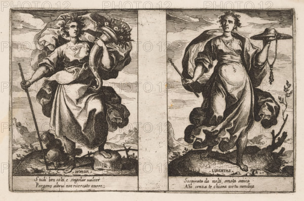 Honor and Liberty, Attributes of the Soul, print, Two representations of personifications. Left: Honor (Honor) as a woman with the horn of plenty (cornucopia). Right: Liberty (Libertas) as a woman with a hat and a scepter. Both representations with two lines of Italian verse in the lower margin., printmaker: Raffaello Schiaminossi, Italy, c. 1605, paper, etching, intaglio printmaking technique, etching with plate tone, height 151 mm x width 235 mm, This print is part of the series 'Attributi dell'Anima', consisting of twelve personifications printed from six plates., Honour, Glory, 'Ampiezza della Gloria', 'Gloria', 'Gloria de prencipi', 'Gloria & Honore', 'Honore', 'Sublimatà della Gloria' (Ripa), 'Cornucopia', Horn of Plenty, Freedom, Liberty, 'Libertà' (Ripa), Two vertical panels show standing female figures framed by engraved borders. The left figure wears flowing robes and a cloak that billows behind her, holds a staff in one hand and a curved horn filled with flowers in the other...