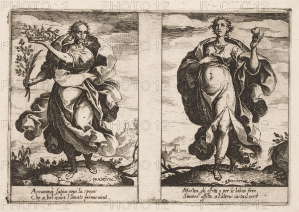 Reward and Honesty, Attributes of the Soul, Attributi dell'Anima, print, Two depictions of female personifications. Left: reward (Praemium) with a crown and branch in her hand. Right: honesty (Sinceritas) with her heart in her hand. Both depictions with two lines of Italian verse in the lower margin., printmaker: Raffaello Schiaminossi, Italy, after design by Raffaello Schiaminossi, c. 1605, Raffaello Schiaminossi, printmaker, paper, etching, intaglio printmaking technique, etching with plate tone, height 155 mm x width 223 mm, This print is part of the series 'Attributi dell'Anima', consisting of twelve personifications printed from six plates., city-view, and landscape with man-made constructions, Reward, 'Praemium', 'Premio', 'Remuneratione' (Ripa) (personification), heart - AA - female human figure, Two tall, robed figures stand side by side within bordered panels separated by a vertical column. The left figure faces slightly toward the right, holding a sprig of foliage in one hand...