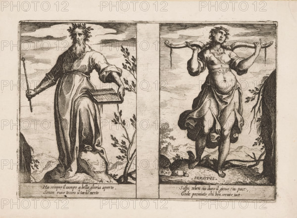 Merit and Servitude, Attributes of the Soul, print, Two representations of personifications. Left: Merit (Meritum) as a bearded man with a scepter and a book. Right: Servitude (Servitus) as a woman with a yoke on her shoulders. Both depictions with two lines of Italian verse in the lower margin., printmaker: Raffaello Schiaminossi, Italy, 1605, paper, etching, intaglio printmaking technique, etching with plate tone, height 155 mm x width 223 mm, This print is part of the series 'Attributi dell'Anima', consisting of twelve personifications printed from six plates., city-view, and landscape with man-made constructions, yoke, Merit, 'Merito' (Ripa) (personification), The image shows two vertical panels side by side, each containing a standing figure rendered in detailed black ink lines on a pale background; the left figure is an older bearded man wearing a long robe and a leafy wreath on his head, holding a staff in one hand and a rectangular object in the other while standing on a rocky ...