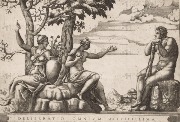 Deliberatio omnium difficillima, Hercules at the Crossroads, print, At the crossroads, Hercules must choose between two female figures, the personified Virtue and Vice. Hercules sits on the right on his lion's skin, leaning on his club. On the left sit the female personifications: Virtue is clothed and wraps her arm around a vase of flowers, and Vice is naked. Title in lower margin., printmaker: Adamo Scultori, Italy, after design by Giulio Romano, c. 1540 - c. 1585, Adamo Scultori, Giulio Romano, printmaker, after design by, paper, engraving, intaglio printmaking technique, engraving with plate tone, height 190 mm x width 282 mm, Hercules at the cross-roads, 'Herkules am Scheidewege': the choice of Hercules, A detailed black and white engraving shows three seated figures arranged across a rocky foreground beneath a tree with branches and foliage. On the left two draped female figures sit on a stone ledge; one holds a large vase filled with tall flowers and gestures upward with an arm,...