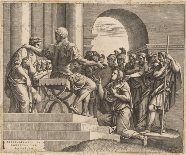 The Continence of Scipio, print, Scipio the Elder returns a captured virgin to her betrothed who kneels before him. Latin text in a cartouche lower left., printmaker: Diana Scultori, Italy, after painting by Giulio Romano, c. 1557 - c. 1612, paper, engraving, intaglio printmaking technique, engraving with plate tone, height 210 mm x width 254 mm, the continence of Scipio: he restores a captive woman to her bridegroom Allucius, who kneels before him, the ransom offered by the bride's parents is given to Allucius as a wedding-gift, A detailed black and white engraving shows a group of classical figures arranged on steps and around a chariot wheel, with one central armored figure seated on the chariot reaching an arm toward a kneeling, pleading figure in draped clothing; to the left a standing figure leans forward with an arm across their chest while smaller helmeted heads appear near the chariot, and behind the central scene a line of helmeted soldiers and bearded men stand beneath a lar...