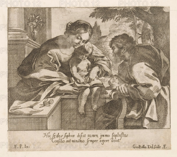 Mary teaches the Christ-child to read, print, The Christ-child sitting with a book on his lap. Mary stands behind him and points at the book together with him. Joseph sits on the right. Two lines of Latin text in the bottom margin., printmaker: Giovanni Battista del Sole, Italy, after print by François Perrier, after 1629 - in or before c. 1719, François Perrier, after print by, paper, etching, intaglio printmaking technique, etching with plate tone, height 186 mm x width 212 mm, A monochrome etching shows three seated adults and a child gathered closely around an open book, with a woman on the left bending toward the child and holding the book, a small naked child sitting on a ledge and looking at the pages, a bearded man on the right leaning in and resting a hand near the child, and another man partially visible behind him; drapery and folds of clothing create dark crosshatched shading, a stone ledge with a floral motif is visible beneath the child, and behind the group there are tre...