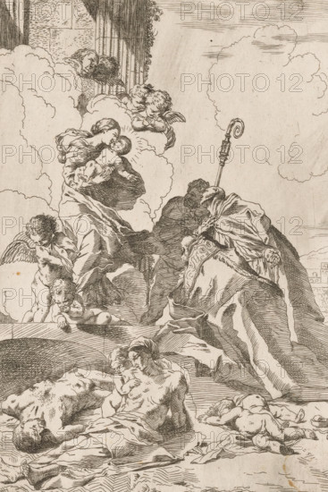 Three saints interceding for victims of the plague, print, Three saints kneel before Mary and the Christ Child. In the foreground, victims of the plague. In the background, a landscape with buildings, possibly the city of Lucca., printmaker, after print by, Italy, Pietro Testa, paper, etching, intaglio printmaking technique, etching with plate tone, height 267 mm x width 185 mm, saints, city-view, and landscape with man-made constructions, Madonna: ie Mary with the Christ-child, plague, Tuscany, Lucca, A detailed, monochrome engraving shows a group of figures on a rocky, draped landscape with billowing clouds above. A robed woman cradles an infant while several cherubic children with small wings cluster nearby, some floating among the clouds and others standing beside the woman. A robed figure holding a hooked staff leans forward from a higher ledge, partially facing the woman and child. In the foreground, two muscular, unclothed adult figures sit and recline on the ground, one holding...