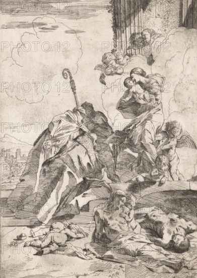 Three saints interceding for victims of the plague, print, Three saints kneel before Mary and the Christ Child. In the foreground, victims of the plague. In the background, a landscape with buildings, possibly the city of Lucca., inscription: '... 191', printmaker: Pietro Testa, Italy, c. 1630 - c. 1631, paper, etching, intaglio printmaking technique, etching with plate tone, height 276 mm x width 195 mm, saints, city-view, and landscape with man-made constructions, Madonna: ie Mary with the Christ-child, plague, Tuscany, Lucca, A sepia-toned line engraving shows a group of robed adults and winged cherubs on rocky ground beneath large billowing clouds; a seated woman holds an infant close to her chest while nearby a figure in ornate robes leans on a shepherd's crook and bows his head, other cloaked figures recline or kneel among draped cloths and uneven stones; cherubs hover on the right, one standing with wings visible and another grasping the woman's garment, while additional reclini...