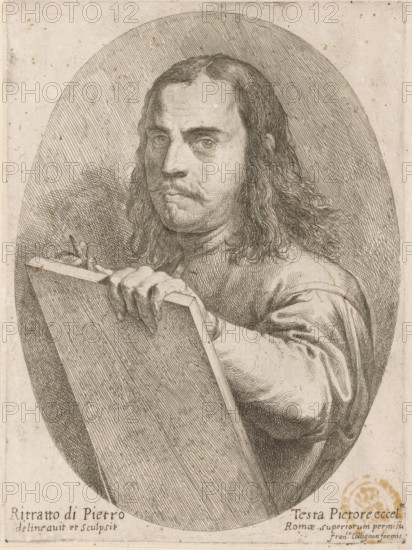 Portrait of artist Pietro Testa, print, printmaker: Pietro Testa, Italy, c. 1647 - c. 1648, paper, etching, intaglio printmaking technique, etching with plate tone, height 226 mm x width 166 mm, Person, historical persons, portrait, self-portrait of artist, A detailed oval portrait etching of a man shown from the chest up facing slightly to his left, with long wavy hair, a mustache and a contemplative expression; he holds a rectangular board or canvas with one hand and a drawing instrument in the other, wearing a loose-sleeved garment, all rendered in fine cross-hatching and line work on aged paper with faint stains and an inscription along the lower edge.