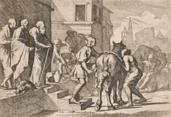 Departure of the Prodigal Son, Story of the Prodigal Son, L' Historia Del Figliolo prodigo, print, The Prodigal Son mounts his horse and leaves his parental home. On the left three men and on the right in the background three figures with two dromedaries., printmaker: Pietro Testa, Rome, after design by Pietro Testa, publisher: JR, c. 1621 - 1650, Pietro Testa, JR, unknown, printmaker, publisher, grantor of privilege, paper, etching, intaglio printmaking technique, etching with plate tone, height 205 mm x width 297 mm, hoofed animals: dromedary, horse, leave-taking and departure of the prodigal son, A sepia-toned etching shows a scene on stone steps and a street with multiple figures in robes and simple garments, including bearded men standing near the doorway and a group of people engaged in carrying and guiding a donkey; one man bends to lift a container while another steadies the animal, and a childlike figure sits near the steps holding a dish. The donkey faces away from the viewer...