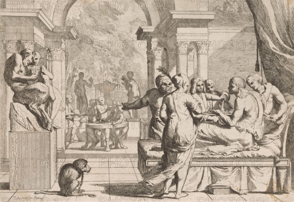 The prodigal son squanders his inheritance, Story of the prodigal son, L' Historia Del Figliolo prodigo, print, The prodigal son on the right on a bed, surrounded by women. On the left a sculpture with two satyrs and on the ground a chained monkey. In the background servants and a fountain., printmaker: Pietro Testa, Rome, after design by Pietro Testa, c. 1621 - 1650, Pietro Testa, printmaker, paper, etching, intaglio printmaking technique, etching with plate tone, height 205 mm x width 297 mm, monkeys, apes, the prodigal son in the midst of prostitutes feasting and dissipating his patrimony, usually in a brothel or inn, A detailed line drawing of an interior scene with classical columns and arches, showing a group of people gathered around a bed or couch where several partially draped figures recline and interact, some holding plates and pouring a liquid. A standing figure with a draped garment faces the reclining group, reaching toward them, while another figure behind gestures with ...