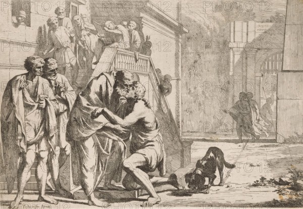 Homecoming of the Prodigal Son, L' Historia Del Figliolo prodigo, Story of the Prodigal Son, print, The prodigal son kneels before his father and is embraced by him. On the left, two onlookers and a group of figures on a staircase., printmaker: Pietro Testa, Rome, after design by Pietro Testa, c. 1621 - 1650, Pietro Testa, printmaker, paper, etching, intaglio printmaking technique, etching with plate tone, height 206 mm x width 300 mm, the prodigal son returns home, where his father awaits him, A detailed ink drawing shows a group of people on stone steps and a landing beside architectural columns and an archway. In the foreground an older bearded man in a cloak embraces a younger nearly nude man who kneels and clings to him, their faces close together. Nearby two men in draped garments stand on the steps, one holding fabric and the other with hands clasped, both looking toward the embracing pair. Above on the landing several figures stand and sit, one leaning on a railing and others g...