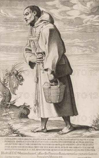 Begging monk Philippus de Rebaldis, Street Calls of Rome, print, The monk Philippus de Rebaldis as a beggar. In his hands a crucifix and a basket full of stones. On the left a tree stump with a coat of arms. Five lines of Latin text and dedication in the lower margin., printer: Francesco Villamena, Italy, grantor of privilege: Papal Court, Vatican City, dedicated to: Massimiliano Cassarello, c. 1576 - 1624, printmaker, paper, engraving, intaglio printmaking technique, engraving with plate tone, height 321 mm x width 202 mm, Person, Philipp Rebaldis, carrying something in basket, bag, rucksack, 'cris de Paris', cries of London, A finely detailed monochrome engraving of a barefoot man in a robe and hood standing in profile facing left, with a bearded face and contemplative expression; he holds a tall staff entwined with rope in one hand and a woven basket by its handle in the other, a string of large beads and a hanging cross visible around his neck; the robe shows textured folds and wor...