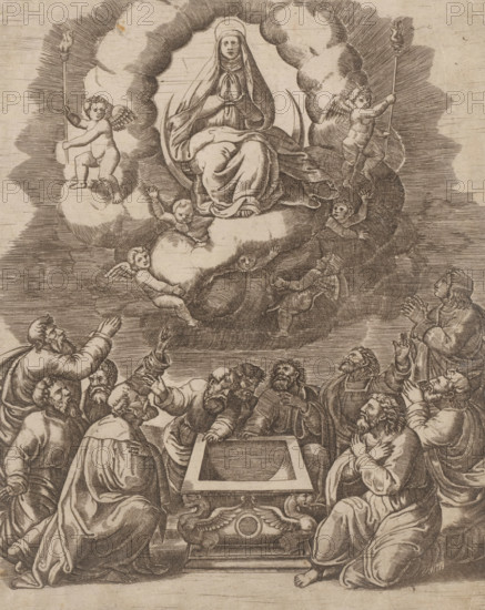 Assumption of Mary, print, The Assumption of Mary in the presence of the apostles. Mary is surrounded by clouds and angels carrying her to heaven., number: 'No 99', printmaker, after print by, after design by, Italy, Master of the Dice, Raphael, paper, engraving, intaglio printmaking technique, engraving with plate tone, height 259 mm x width 212 mm, the assumption of Mary ('assumptio corporis'): she is borne into heaven by angels, A monochrome engraving shows a robed seated female figure within a ring of clouds, hands together at her chest and feet resting on a crescent shape, surrounded by winged cherubs and putti on and around the clouds, two cherubs holding tall torches. Below the cloud assembly a group of robed men gather around an ornate rectangular container with decorative animal motifs, many of them gesturing upward with raised hands, clasped hands, or expressive faces, some kneeling and some standing, all rendered in detailed line work and hatching.