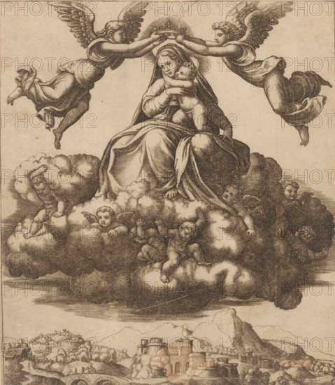 Mary with Child, print, Mary with the Christ Child on a cloud formation supported by putti. Mary is flanked by two angels holding a crown above her head. Below them a mountainous landscape with a bridge., printmaker: Master of the Dice, Italy, after design by Raphael, c. 1530 - c. 1560, paper, engraving, intaglio printmaking technique, engraving with plate tone, height 235 mm x width 204 mm, The print is damaged in several places and the composition has been supplemented with pen and brown ink., cupids: 'amores', 'amoretti', 'putti', Madonna: Mary sitting or enthroned, the Christ-child in her lap (or in front of her bosom) (Mary sometimes represented half-length), city-view, and landscape with man-made constructions, 'Marianum', Madonna in aureole or mandorla (surrounded by the rosary), Mary in the Glory, A seated woman draped in flowing robes holds a small child against her chest while a halo-like radiance appears behind her head; two winged figures hover on either side above her, eac...