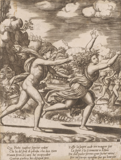 Apollo Pursues Daphne, Story of Apollo and Daphne, print, Series number, 3, 4, Apollo pursues the fleeing Daphne. Apollo was struck by Cupid's golden arrow, which ignites love, and Daphne by Cupid's lead arrow, which drives love away. In the background on the left, the river god Peneus, Daphne's father. On the right, Apollo and Daphne during her metamorphosis into a laurel tree. Italian text in two columns in the bottom margin. Numbered bottom right: 3., printmaker: Master of the Dice, Italy, after design by Baldassare Peruzzi, c. 1530 - c. 1560, Master of the Dice, Baldassare Peruzzi, printmaker, after design by, paper, engraving, intaglio printmaking technique, engraving with plate tone, height 241 mm x width 181 mm, This print is part of a series of four prints depicting the story of Apollo and Daphne., Daphne changed into a laurel-tree: while fleeing from Apollo, Daphne is changed into a laurel-tree by her father Peneus (Ovid, Metamorphoses I 548), Apollo pursuing the nymph Daphne ...