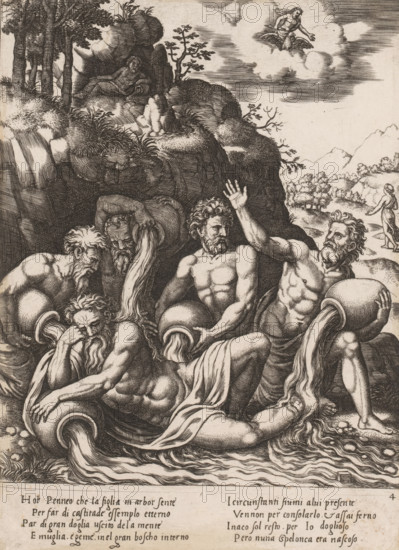 Peneus comforted by other river gods, Story of Apollo and Daphne, print, Series number, 4, Peneus and four other river gods. The river gods show their sympathy after the metamorphosis of Peneus' daughter Daphne into a laurel tree. In the sky Jupiter with eagle and lightning bolt. Italian text in two columns in the bottom margin. Numbered lower right: 4., The Illustrated Bartsch 22, Bartsch 22-1(2), printmaker: Master of the Dice, Italy, after design by Baldassare Peruzzi, c. 1530 - c. 1560, Master of the Dice, Baldassare Peruzzi, printmaker, after design by, paper, engraving, intaglio printmaking technique, engraving with plate tone, height 247 mm x width 181 mm, This print is part of a series of four prints depicting the story of Apollo and Daphne., (story of) Jupiter (Zeus), the river-gods condole with Peneus for the loss of Daphne transformed into a tree, A detailed black and white engraving shows a group of muscular, bearded male figures reclining and seated among rocky terrain whi...