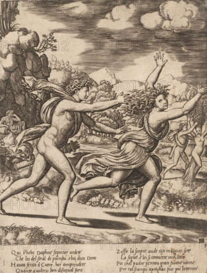 Apollo Pursues Daphne, Story of Apollo and Daphne, print, Series number, 3, 4, Apollo pursues the fleeing Daphne. Apollo was struck by Cupid's golden arrow, which ignites love, and Daphne by Cupid's lead arrow, which drives love away. In the background on the left, the river god Peneus, Daphne's father. On the right, Apollo and Daphne during her metamorphosis into a laurel tree. Italian text in two columns in the bottom margin. Numbered bottom right: 3., printmaker: Master of the Dice, Italy, after design by Baldassare Peruzzi, c. 1530 - c. 1560, Master of the Dice, Baldassare Peruzzi, printmaker, after design by, paper, engraving, intaglio printmaking technique, engraving with plate tone, height 237 mm x width 181 ppi, This print is part of a series of four prints depicting the story of Apollo and Daphne., Daphne changed into a laurel-tree: while fleeing from Apollo, Daphne is changed into a laurel-tree by her father Peneus (Ovid, Metamorphoses I 548), Apollo pursuing the nymph Daphne...