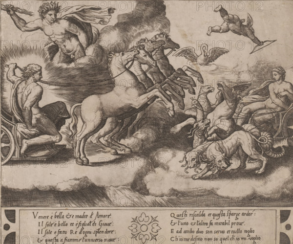 Chariots of Venus and Apollo, print, Left Apollo on his chariot with four horses harnessed side by side. Right Venus's chariot is drawn by an eagle, a peacock, a seahorse, and the three-headed dog Cerberus with a snake tail. Top left Jupiter with a lightning bolt and top right a swan and Cupid with his bow. Italian text in two columns in the bottom margin., printmaker: Master of the Dice, Italy, after design by Raphael, c. 1530 - c. 1560, Master of the Dice, Raphael, printmaker, after design by, paper, engraving, intaglio printmaking technique, engraving with plate tone, height 189 mm x width 226 mm, (story of) Venus (Aphrodite), (story of) Cupid, Amor (Eros), water-birds: swan, Apollo in the chariot of the sun, drawn by four horses, usually preceded by Aurora holding a torch, 'Carro del Sole' (Ripa), Roman chariot, quadriga, triumph, (story of) Jupiter (Zeus), A detailed engraving showing mythological figures on clouds with muscular nude and draped humans, rearing horses attached to a...