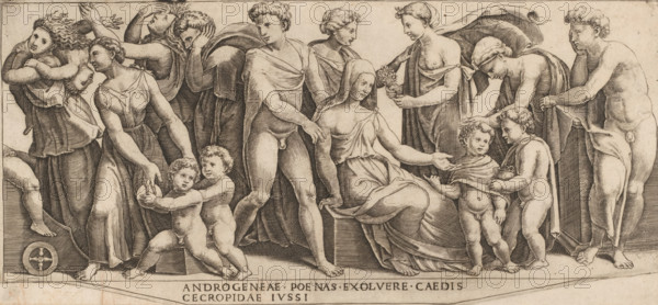 Marriage of Jason and Creusa, print, In the center sits the Corinthian princess Creusa and next to her stands the partially naked Jason. On the left Medea with a child over her shoulder. Latin text in lower margin., printmaker: Master of the Dice, Italy, c. 1530 - c. 1560, paper, engraving, intaglio printmaking technique, engraving with plate tone, height 145 mm x width 313 mm, possibly with Medea watching the scene, A horizontal engraving shows a group of clothed and partially nude figures arranged across a shallow foreground, with seated and standing adults interspersed with small children; most figures wear draped robes or cloaks with visible folds, while a few are nude, and several figures have short curly hair or covered heads. On the left a standing woman with flowing hair holds a child and is flanked by another woman in a long dress who reaches toward two small naked children who stand close together, one holding a rounded object. Central figures include a seated woman draped in...