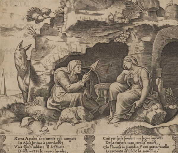 Lucius listens to the story of Amor and Psyche, Story of Amor and Psyche, print, Series number, 1, 32, Lucius, the protagonist of Apuleius' novel 'Metamorphoses', has been transformed into a donkey and hears an old woman telling the story of Amor and Psyche to a young woman. Before the opening of a cave, the old woman with spinning wheel and dog sits on the left, and the young woman on the right. Italian text in two cartouches in the bottom margin. Numbered twice lower left: 1., printmaker: Master of the Dice, Italy, after design by Michiel Coxie (I), c. 1530 - c. 1560, Master of the Dice, Michiel Coxie (I), printmaker, after design by, paper, engraving, intaglio printmaking technique, engraving with plate tone, height 195 mm x width 224 mm, A monochrome engraving shows two seated women in classical drapery facing each other near a rocky cave entrance, one older woman holding a spindle-like tool and appearing to gesture toward a distaff while the younger woman rests her arm on her ches...
