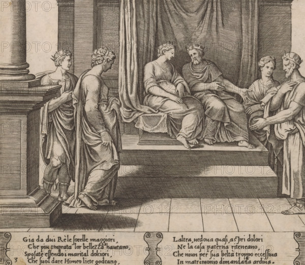 Psyche and her sisters married to kings, Story of Cupid and Psyche, print, Series number, 3, 32, Psyche and her two sisters together with three kings in a palace. Psyche's sisters were both married to kings. Italian text in two cartouches in the lower margin. Numbered lower left: 2 and 3., printmaker: Master of the Dice, after design by Michiel Coxie (I), c. 1530 - c. 1560, Master of the Dice, Michiel Coxie (I), printmaker, after design by, paper, engraving, intaglio printmaking technique, engraving with plate tone, height 199 mm x width 227 mm, A finely detailed pen-and-ink scene shows a raised platform with draped fabric as a backdrop and two seated figures wearing robes and crowns facing each other, the seated left figure with a softer profile and folded hands and the seated right figure with a beard and an outstretched arm; standing figures in flowing garments approach and flank the platform, some looking toward the seated pair and others turned slightly away, one standing figure o...