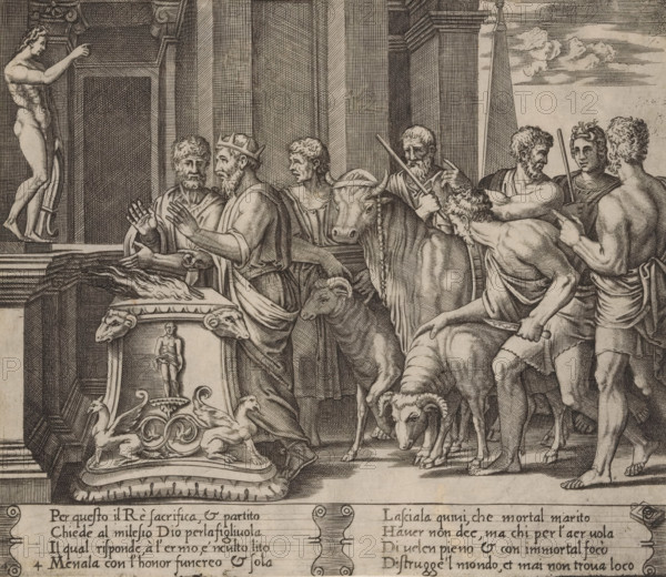 Psyche's father consults the oracle, Story of Cupid and Psyche, print, Series number, 4, 32, Psyche's father consults the oracle of Apollo. On the right, a number of men with animals ready to be sacrificed. Italian text in two cartouches in the lower margin. Numbered twice lower left: 4., printmaker: Agostino Veneziano, Italy, after design by Michiel Coxie (I), 1500 - c. 1536, paper, engraving, intaglio printmaking technique, engraving with plate tone, height 196 mm x width 225 mm, A detailed black and white engraving shows a group of standing men in classical draped garments gathered in front of a tall architectural backdrop with columns and pilasters; one man wears a crown and gestures with his hands while others around him listen or point, some holding staffs or weapons, and one man raises an arm toward a nude statue on a pedestal at the left edge; several animals, including a bull with a chained collar, a dog with lowered head, and a ram, stand among the men; ornate decorative reli...