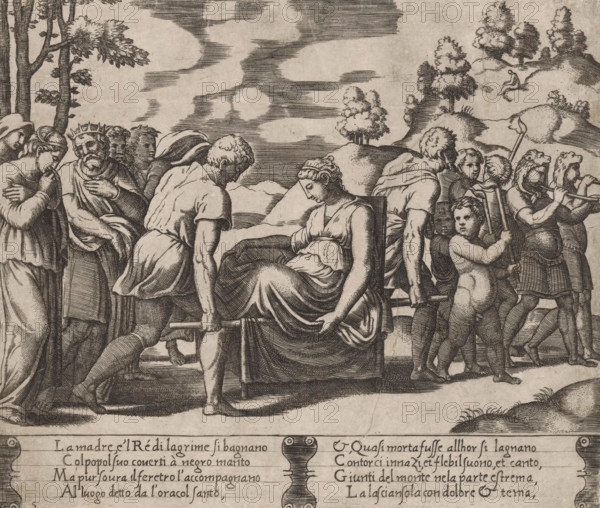 Psyche is carried to a mountain, Story of Amor and Psyche, print, Series number, 5, 32, On the advice of Apollo, the king's daughter Psyche is carried to a mountain where she will be left alone. Leading the way are children with torches and two musicians with trumpets. At the back walk Psyche's grieving parents. The mountain lies in the background on the right. Italian text in two cartouches in the lower margin. Numbered twice lower left: 5., Bartsch 43-1(2), The Illustrated Bartsch 43, printmaker: Master of the Dice, Italy, after design by Michiel Coxie (I), c. 1530 - c. 1560, paper, engraving, intaglio printmaking technique, engraving with plate tone, height 193 mm x width 227 mm, A monochrome engraving shows a procession of figures moving from left to right across a landscape with rolling hills and scattered trees under a cloudy sky. In the center, a seated woman in draped clothing is being carried on a stretcher by two muscular men; she leans forward with a downward gaze and her ha...