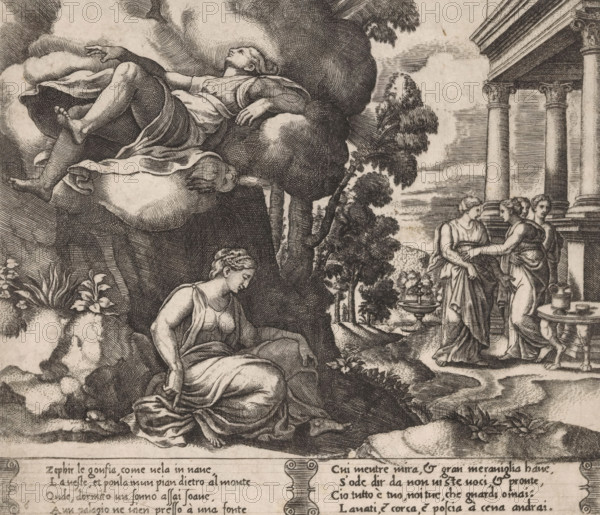 Psyche carried away by Zephyrus, Story of Cupid and Psyche, print, Series number, 6, 32, Psyche is carried away in her sleep by Zephyrus (the personification of the west wind). On the right, the arrival of Psyche at Cupid's palace. Italian text in two cartouches in the lower margin. Numbered twice lower left: 6., The Illustrated Bartsch 44, Bartsch 44-1(2), printmaker: Master of the Dice, Italy, after design by Michiel Coxie (I), c. 1530 - c. 1560, Master of the Dice, Michiel Coxie (I), printmaker, after design by, paper, engraving, intaglio printmaking technique, engraving with plate tone, height 195 mm x width 227 mm, A detailed black and white engraving shows a reclining figure nestled in billowing clouds high on the left, limbs relaxed and draped in flowing fabric, while below a seated woman in draped clothing rests on rocky ground amid plants and flowers. To the right, a group of three standing women in classical garments converse near a columned building with ornate capitals and ...