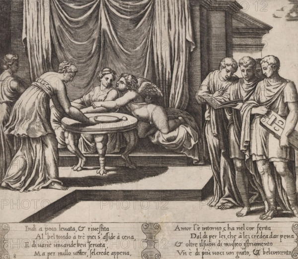 Amor and Psyche in bed, Story of Amor and Psyche, print, Series number, 8, 32, Amor and Psyche in bed in the palace of Amor. On the right four musicians with a songbook and a hurdy-gurdy. Italian text in two cartouches in the lower margin. Numbered twice lower left: 8., Bartsch 46-1(2), The Illustrated Bartsch 46, printmaker: Master of the Dice, Italy, after design by Michiel Coxie (I), c. 1530 - c. 1560, paper, engraving, intaglio printmaking technique, engraving with plate tone, height 196 mm x width 228 mm, A detailed black and white engraving shows a draped interior with heavy curtains in the background and architectural columns at one side, a round table supported by sculpted lion-paw legs in the center, a reclining winged child figure leaning on the table and reaching toward a seated woman beside them, another woman leaning forward over the table with her hands near a shallow dish, a standing figure partially visible at the far left, and a group of three robed young men at the ri...