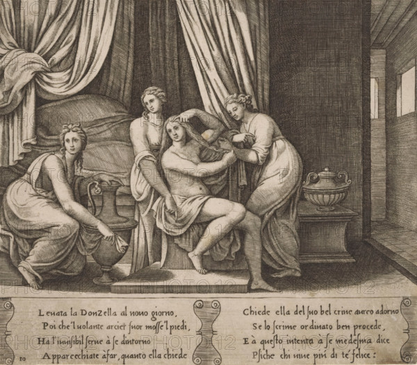 Psyche's Toilet with Nymphs, Story of Amor and Psyche, print, Series number, 10, 32, In a bedroom, Psyche is taking care of her toilet with three assisting nymphs. Italian text in two cartouches in the lower margin. Numbered twice lower left: 10., Bartsch 48-1(2), The Illustrated Bartsch 48, printmaker: Master of the Dice, Italy, after design by Raphael, c. 1530 - c. 1560, Master of the Dice, Raphael, printmaker, after design by, paper, engraving, intaglio printmaking technique, engraving with plate tone, height 198 mm x width 227 mm, A monochrome etched scene showing four women in flowing draped garments arranged around a raised bed with heavy curtains; one woman sits partially undressed on the bed with her hair being arranged by two attendants, another woman crouches nearby holding a jug and cloth by a low table with a tall covered vessel beside it, the background displaying densely hatched walls and a curtained alcove, and decorative carved elements along the lower margin with block...