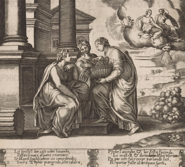 Psyche is visited by her sisters, Story of Cupid and Psyche, print, Series number, 11, 32, Psyche receives a visit from her two sisters. In the upper right, the sisters are brought to Psyche for Zephyrus (the personification of the west wind). Italian text in two cartouches in the lower margin. Numbered twice in the lower left: 11., printmaker: Master of the Dice, Italy, after design by Michiel Coxie (I), c. 1530 - c. 1560, paper, engraving, intaglio printmaking technique, engraving with plate tone, height 200 mm x width 224 mm, Three draped women sit and stand on architectural steps in front of a columned building, one seated woman leaning with her arm on a raised knee while another woman faces her holding a large shallow basket, the third woman stands nearby looking toward them. The women wear flowing classical garments with visible folds and drapery, braided and curled hairstyles, and bare feet on the steps. Behind them a Corinthian column and the facade of a building with pediment ...