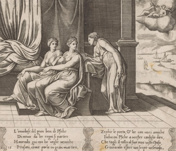 Psyche is convinced by her sisters, Story of Cupid and Psyche, print, Series number, 12, 32, Psyche is convinced by her two sisters that she did not sleep with Cupid but with a poisonous snake. Top right, the two sisters being brought to Psyche by Zephyrus (the personification of the west wind). Italian text in two cartouches in the bottom margin. Numbered twice bottom left: 12., printmaker: Master of the Dice, Italy, after design by Michiel Coxie (I), c. 1530 - c. 1560, paper, engraving, intaglio printmaking technique, engraving with plate tone, height 197 mm x width 228 mm, A monochrome engraving shows three draped women on a tiled floor near a large column and heavy curtain; two women are seated on a bench with flowing garments and braided hair, one pointing while the other looks forward, and a standing woman leans toward them with one hand on the seated woman's shoulder and the other holding her garment; to the right a narrow vertical scene depicts a shoreline with small sailing bo...