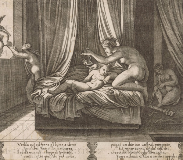 Psyche and the Sleeping Cupid, Story of Cupid and Psyche, print, Series number, 13, 32, Three scenes with Cupid and Psyche depicted in one room. In the center, Cupid lies sleeping on the bed. Psyche sits on the edge of the bed and holds an oil lamp over Cupid. On the right, Psyche sits with Cupid's quiver. On the left stands Psyche, grasping Cupid by his leg as he flies out the window. Italian text in two cartouches in the lower margin. Numbered lower left: 13., Bartsch 51-1(2), The Illustrated Bartsch 51, Bartsch 238, The Illustrated Bartsch 238, printmaker: Agostino Veneziano, Italy, after design by Michiel Coxie (I), c. 1530 - c. 1560, Agostino Veneziano, Michiel Coxie (I), printmaker, after design by, paper, engraving, intaglio printmaking technique, engraving with plate tone, height 196 mm x width 228 mm, A detailed engraving of a draped bed with richly folded sheets and curtains pulled aside to reveal a reclining child figure and an adult figure leaning over the child with an out...